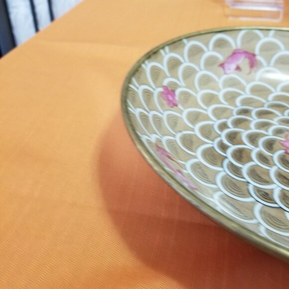 Vintage Japanese Brass Encased Porcelain Koi Bowl with Lotus Design & Koi - Picture 4 of 7